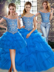 Off The Shoulder Sleeveless Quinceanera Gown Brush Train Beading and Pick Ups Blue Tulle