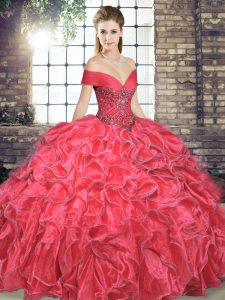 Custom Made Coral Red Off The Shoulder Neckline Beading and Ruffles Ball Gown Prom Dress Sleeveless Lace Up