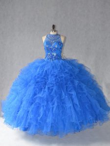 Dynamic Floor Length Royal Blue Quinceanera Dress Halter Top Sleeveless Lace Up