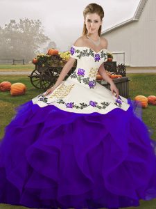 Glorious Off The Shoulder Sleeveless Quinceanera Dresses Floor Length Embroidery and Ruffles White And Purple Tulle