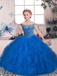 Blue Off The Shoulder Lace Up Beading and Ruffles Little Girl Pageant Gowns Sleeveless