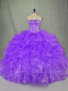 Chic Purple Organza Lace Up 15 Quinceanera Dress Sleeveless Floor Length Beading and Ruffles