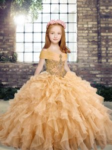 Fancy Peach Straps Neckline Beading and Ruffles Little Girls Pageant Dress Wholesale Sleeveless Lace Up