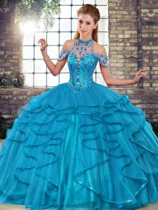 Halter Top Sleeveless Lace Up Ball Gown Prom Dress Blue Tulle