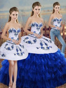 Colorful Royal Blue Sweet 16 Dress Military Ball and Sweet 16 and Quinceanera with Embroidery and Ruffled Layers and Bowknot Sweetheart Sleeveless Lace Up