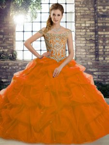 Rust Red Off The Shoulder Neckline Beading and Pick Ups Quinceanera Gown Sleeveless Lace Up