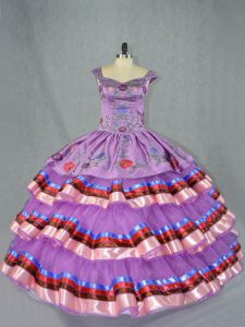 Embroidery and Ruffled Layers Quinceanera Dress Purple Lace Up Sleeveless Floor Length