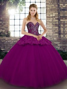 Fuchsia Sweetheart Lace Up Beading and Appliques Vestidos de Quinceanera Sleeveless