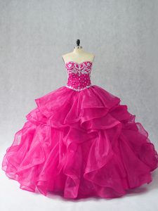 Fuchsia Sweetheart Neckline Beading and Ruffles Quinceanera Dress Sleeveless Lace Up