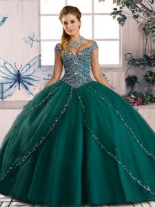 Lace Up Ball Gown Prom Dress Green for Sweet 16 and Quinceanera with Beading Brush Train