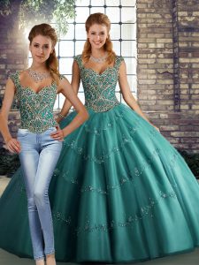 Glorious Teal Tulle Lace Up Quinceanera Gown Sleeveless Floor Length Beading and Appliques