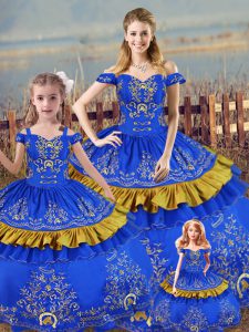 Low Price Blue Ball Gowns Embroidery Quinceanera Gown Lace Up Satin Sleeveless Floor Length