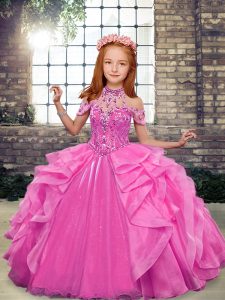 Adorable Rose Pink Lace Up High-neck Beading and Ruffles Little Girls Pageant Dress Organza Sleeveless