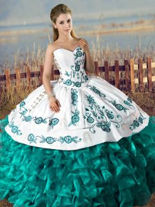 Ideal Turquoise Vestidos de Quinceanera Sweet 16 and Quinceanera with Embroidery and Ruffles Sweetheart Sleeveless Lace Up