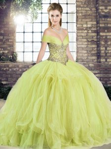 Latest Yellow Green Tulle Lace Up Off The Shoulder Sleeveless Floor Length Quinceanera Dresses Beading and Ruffles