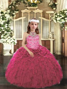 Fashionable Hot Pink Tulle Lace Up Little Girls Pageant Gowns Sleeveless Floor Length Beading and Ruffles