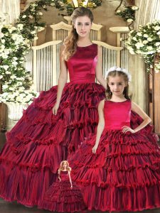 Exquisite Organza Scoop Sleeveless Lace Up Ruffled Layers Sweet 16 Dress in Wine Red