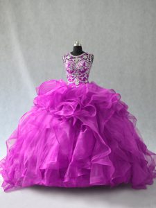 Perfect Floor Length Lace Up Ball Gown Prom Dress Purple for Sweet 16 and Quinceanera with Beading and Ruffles