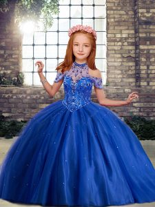 Ball Gowns Little Girl Pageant Dress Royal Blue High-neck Sleeveless Floor Length Lace Up