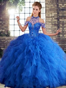 Royal Blue Ball Gowns Halter Top Sleeveless Tulle Floor Length Lace Up Beading and Ruffles Sweet 16 Dresses