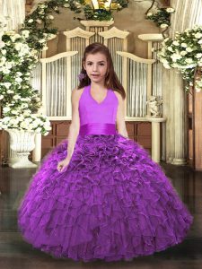 Beauteous Eggplant Purple and Purple Sleeveless Ruffles Floor Length Glitz Pageant Dress