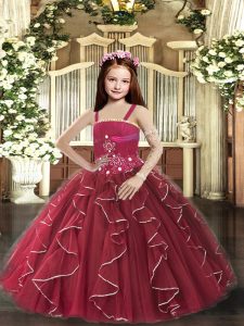 Burgundy Ball Gowns Tulle Straps Sleeveless Beading and Ruffles Floor Length Lace Up Little Girl Pageant Dress