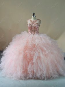 Pink Tulle Lace Up Scoop Sleeveless Quince Ball Gowns Brush Train Beading and Ruffles