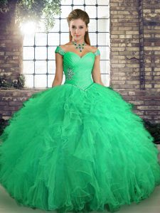 Sleeveless Floor Length Beading and Ruffles Lace Up Sweet 16 Quinceanera Dress with Turquoise