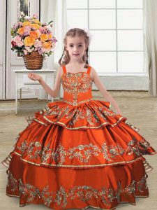 Rust Red Ball Gowns Embroidery and Ruffled Layers Kids Pageant Dress Lace Up Satin Sleeveless Floor Length