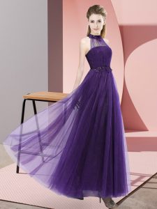 Sumptuous Sleeveless Floor Length Beading and Appliques Lace Up Vestidos de Damas with Purple