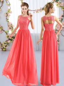 Decent Coral Red Empire Lace Dama Dress Zipper Chiffon Sleeveless Floor Length