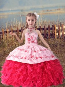 Coral Red Sleeveless Floor Length Beading and Embroidery and Ruffles Lace Up Glitz Pageant Dress