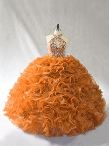 Dramatic Sleeveless Beading and Ruffles Lace Up Quinceanera Gowns with Orange and Brown Brush Train