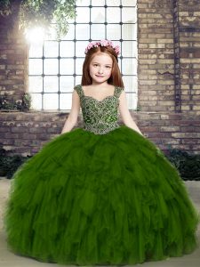 Straps Sleeveless Tulle Child Pageant Dress Beading and Ruffles Lace Up