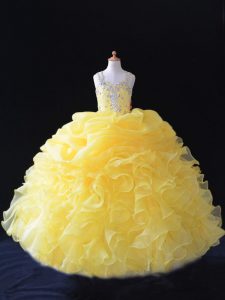 Fashionable Yellow Zipper Straps Beading and Ruffles and Pick Ups Kids Pageant Dress Organza Sleeveless