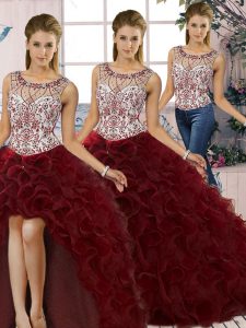 Classical Floor Length Burgundy Quinceanera Dresses Organza Sleeveless Beading and Ruffles