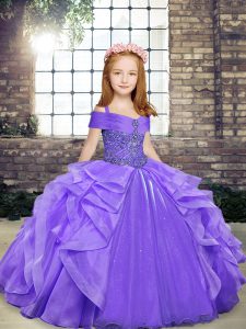 Cheap Lavender Organza Lace Up Little Girl Pageant Dress Sleeveless Floor Length Beading and Ruffles