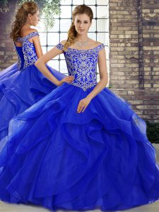 Fashion Sleeveless Tulle Brush Train Lace Up Vestidos de Quinceanera in Royal Blue with Beading and Ruffles