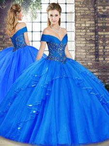 Royal Blue Ball Gowns Beading and Ruffles 15 Quinceanera Dress Lace Up Tulle Sleeveless Floor Length