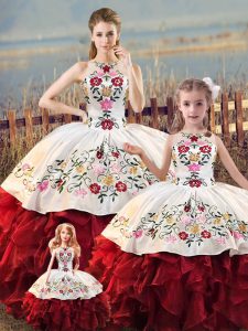 Low Price Floor Length White And Red 15th Birthday Dress Organza Sleeveless Embroidery and Ruffles