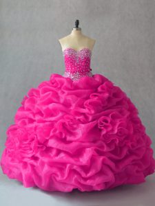 Fuchsia Lace Up Sweetheart Beading and Pick Ups and Hand Made Flower Ball Gown Prom Dress Organza Sleeveless