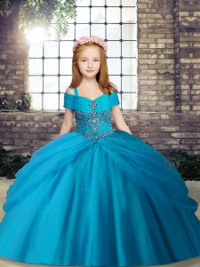 Affordable Baby Blue Lace Up Straps Beading Pageant Gowns For Girls Tulle Sleeveless