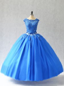 Blue Scoop Lace Up Beading and Appliques Quinceanera Dresses Sleeveless