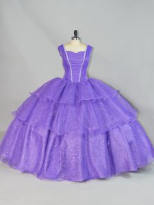 Beading and Ruffled Layers Quince Ball Gowns Lavender Lace Up Sleeveless Floor Length