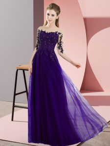 Bateau Half Sleeves Dama Dress for Quinceanera Floor Length Beading and Lace Purple Chiffon