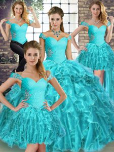 Eye-catching Aqua Blue Lace Up Off The Shoulder Beading and Ruffles Quinceanera Dress Organza Sleeveless Brush Train