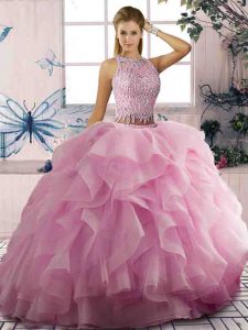 Traditional Pink Zipper Scoop Beading and Ruffles Vestidos de Quinceanera Tulle Sleeveless