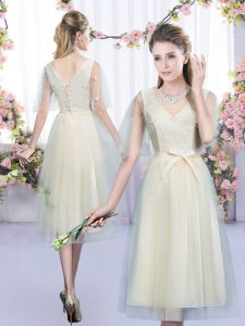 V-neck Sleeveless Lace Up Court Dresses for Sweet 16 Champagne Tulle