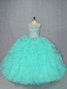 Scoop Sleeveless Organza 15th Birthday Dress Beading Lace Up