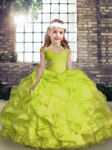 Pretty Yellow Green Sleeveless Organza Lace Up Little Girl Pageant Gowns for Party and Sweet 16 and Wedding Party